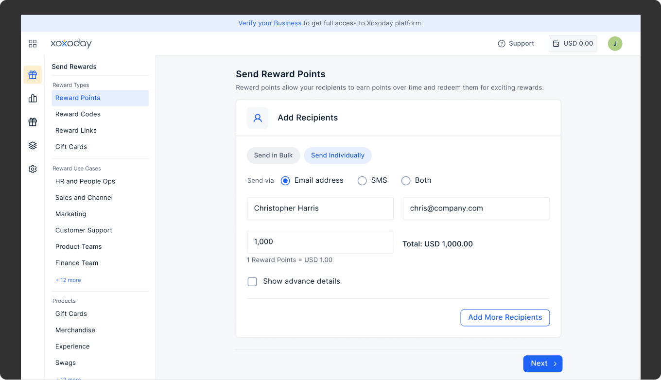 Send Reward Points with reward configuration in the platform
